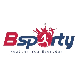 A dynamic and vibrant logo for Bsporty Sports and Fitness Center, featuring a cricket bat and ball to symbolize its recognition as the top cricket academy in Hyderabad, strategically located in Madhapur